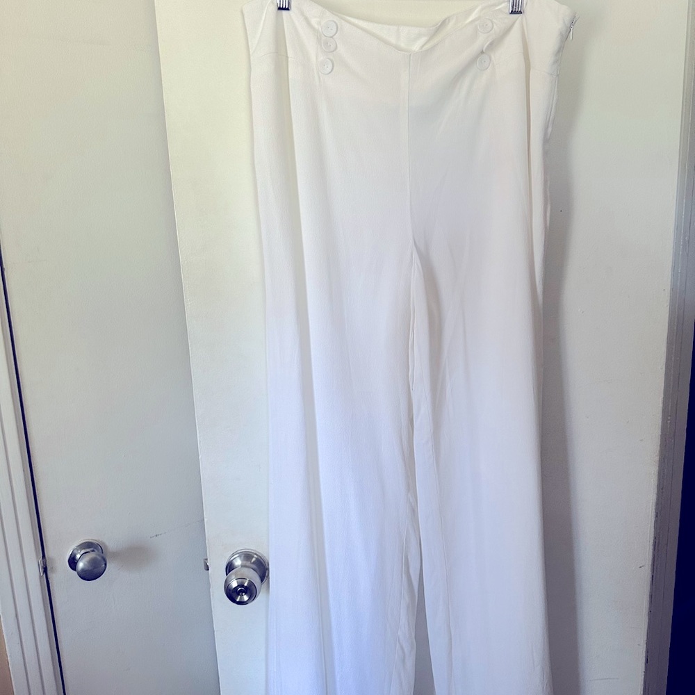 Rafaella White Wide Leg Sailor Pants Button Front